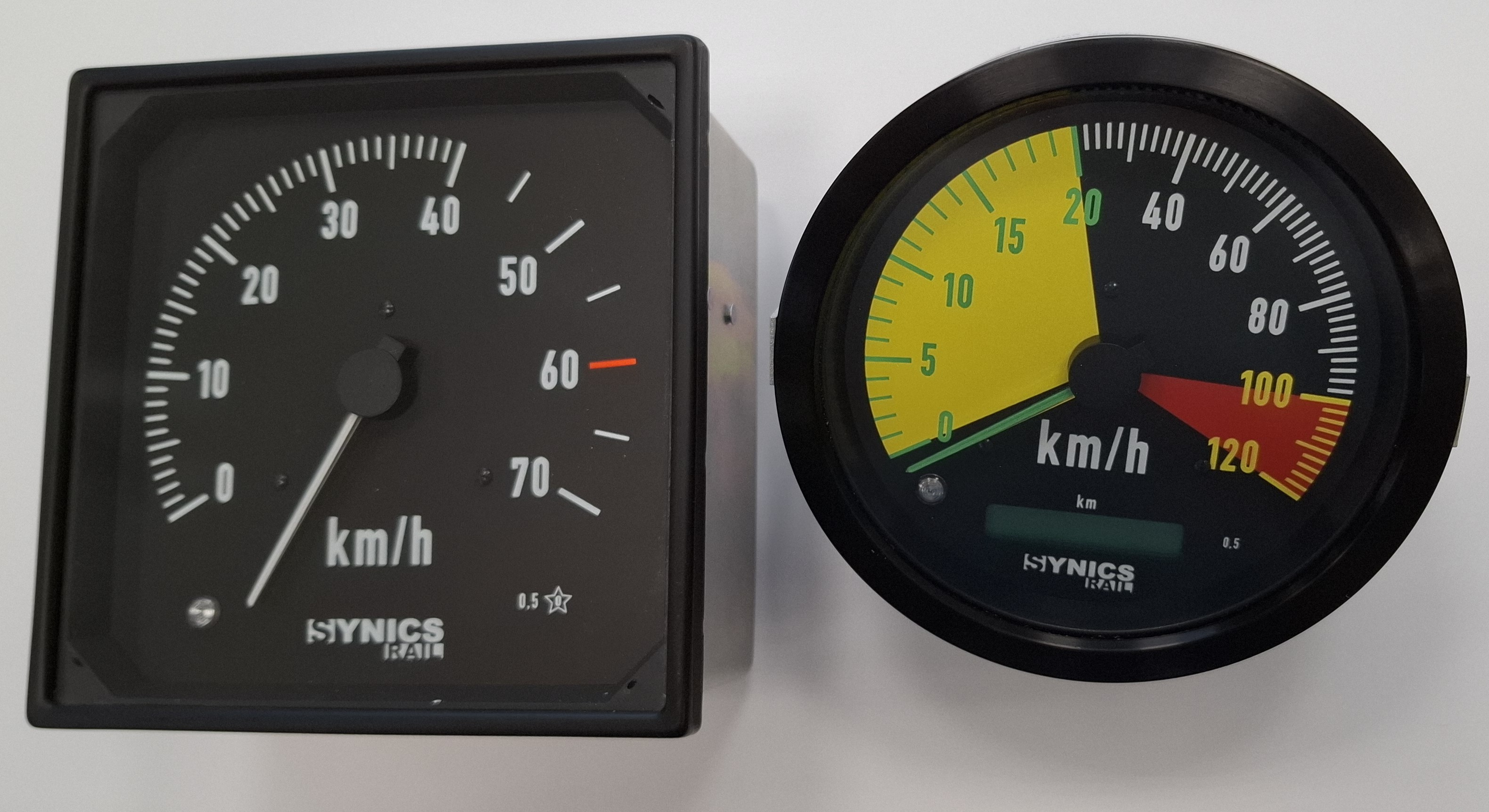 Square and round analogue railway speed indicators